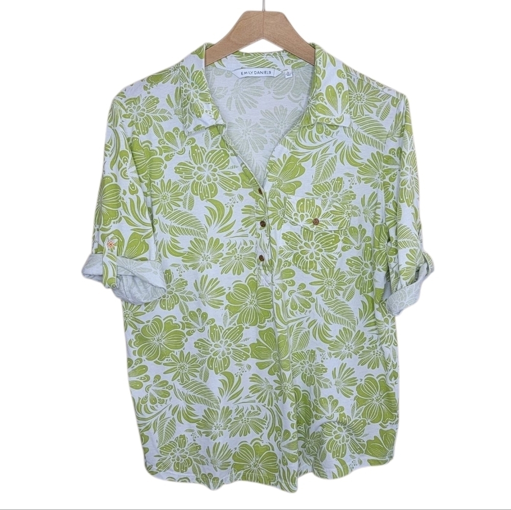 Emily Daniels Green White Tropical Floral Print Polo Roll Tab Cuffs Size Large